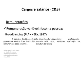Fonte: ARAUJO, Luis César G.
de. Gestão de Pessoas;
estratégias e integração
organizacional São Paulo:
Atlas, 2006.
Cargos e salários (C&S)
Remunerações
Remuneração variável: foco na pessoa:
. Broadbanding (FLANNERY, 1997)
 estações de rádio, onde se há faixas (bandas), as posições profissionais,
gerenciais e técnicas ficam distribuídas uma em cada faixa, qualquer estratégia de
remuneração pode assumir a estrutura de faixas;
 