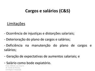 Fonte: ARAUJO, Luis César G.
de. Gestão de Pessoas;
estratégias e integração
Cargos e salários (C&S)
Limitações
- Ocorrência de injustiças e distorções salariais;
- Deterioração do plano de cargos e salários;
- Deficiência na manutenção do plano de cargos e
salários;
- Geração de expectativas de aumentos salariais; e
- Salário como bode expiatório.
 