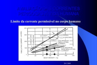 28/1/2005
24
AVALIAÇÃO DAS CORRENTESAVALIAÇÃO DAS CORRENTES
PERIGOSAS À VIDA HUMANAPERIGOSAS À VIDA HUMANA
Limite da corrente permissível no corpo humano
 
