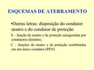 ESQUEMAS DE ATERRAMENTO
•Outras letras: disposição do condutor
neutro e do condutor de proteção
S – função de neutro e de proteção asseguradas por
condutores distintos;
C – funções de neutro e de proteção combinadas
em um único condutor (PEN)
 