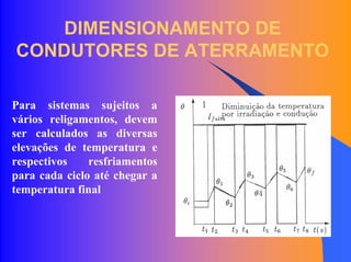 DIMENSIONAMENTO DE
CONDUTORES DE ATERRAMENTO
Para sistemas sujeitos a
vários religamentos, devem
ser calculados as diversas
elevações de temperatura e
respectivos resfriamentos
para cada ciclo até chegar a
temperatura final
 