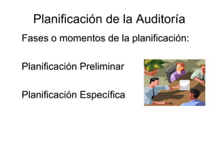 Planificación de la Auditoría
Fases o momentos de la planificación:

Planificación Preliminar

Planificación Específica
 
