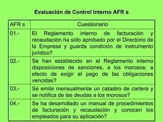 Evaluación de Control Interno AFR s

AFR s                     Cuestionario
01.-    El Reglamento interno de facturación y
        recaudación ha sido aprobado por el Directorio de
        la Empresa y guarda condición de instrumento
        jurídico?
02.-    Se han establecido en el Reglamento interno
        disposiciones de sanciones, a los morosos; a
        efecto de exigir el pago de las obligaciones
        vencidas?
03.-    Se emite mensualmente un catastro de cartera y
        se notifica de las deudas a los morosos?
04.-    Se ha desarrollado un manual de procedimientos
        de facturación y recaudación y conocen los
        empleados para su aplicación?
 