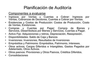 Planificación de Auditoría
  Componentes a evaluarse
• Ingresos por Ventas y Cuentas a Cobrar: Ingresos por
  Ventas, Cobranzas de Deudores, Cuentas a Cobrar por Ventas.
• Existencias y Costos de Producción: Costos de Producción, Costo
  de Ventas, Existencias.
• Compras y Cuentas por Pagar: Compra de Bienes y
  Servicios, Desembolsos por Bienes y Servicios, Cuentas a Pagar.
• Activo Fijo: Adquisiciones y retiros, Depreciación, Reexpresión.
• Disponibilidades: Saldo de Caja y Bancos
• Inversiones: Inversiones, Resultados de Inversiones
• Empréstitos y Patrimonio: Empréstitos, Patrimonio, Intereses.
• Otros activos: Cargos Diferidos e Intangibles, Gastos Pagados por
  Adelantado, Otros Activos.
• Otros pasivos: Provisiones y Otros Pasivos, Créditos Diferidos.
• Consolidaciones
 