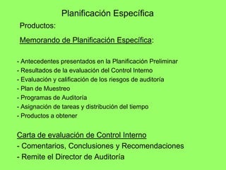 Planificación Específica
Productos:
Memorando de Planificación Específica:

- Antecedentes presentados en la Planificación Preliminar
- Resultados de la evaluación del Control Interno
- Evaluación y calificación de los riesgos de auditoría
- Plan de Muestreo
- Programas de Auditoría
- Asignación de tareas y distribución del tiempo
- Productos a obtener


Carta de evaluación de Control Interno
- Comentarios, Conclusiones y Recomendaciones
- Remite el Director de Auditoría
 