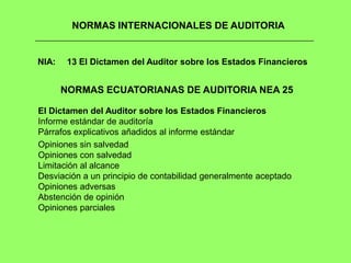NORMAS INTERNACIONALES DE AUDITORIA


NIA:    13 El Dictamen del Auditor sobre los Estados Financieros


       NORMAS ECUATORIANAS DE AUDITORIA NEA 25

El Dictamen del Auditor sobre los Estados Financieros
Informe estándar de auditoría
Párrafos explicativos añadidos al informe estándar
Opiniones sin salvedad
Opiniones con salvedad
Limitación al alcance
Desviación a un principio de contabilidad generalmente aceptado
Opiniones adversas
Abstención de opinión
Opiniones parciales
 