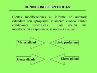 CONDICIONES ESPECIFICAS


Ciertas modificaciones al informe de auditoría
estandard son apropiadas solamente cuando existen
condiciones específicas.         Para decidir cual
modificación es apropiada, se necesita evaluar:


   Materialidad             Juicio profesional




   Generalizada                 Efecto global
 