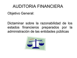 AUDITORIA FINANCIERA
Objetivos específicos:

-Examinar el manejo de los recursos financieros
-Verificar que la entidad eje...