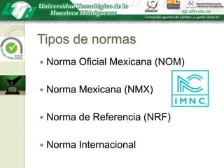 Tipos de normasNorma Oficial Mexicana (NOM)Norma Mexicana (NMX)Norma de Referencia (NRF)Norma Internacional	