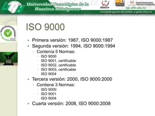 ISO 9000Primera versión: 1987, ISO 9000:1987Segunda versión: 1994, ISO 9000:1994Contenía 5 Normas: ISO 9000ISO 9001, certificableISO 9002, certificableISO 9003, certificableISO 9004Tercera versión: 2000, ISO 9000:2000Contiene 3 Normas:ISO 9000ISO 9001ISO 9004Cuarta versión: 2008, ISO 9000:2008