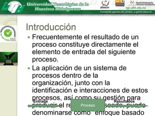 IntroducciónFrecuentemente el resultado de un proceso constituye directamente el elemento de entrada del siguiente proceso.La aplicación de un sistema de procesos dentro de la  organización, junto con la identificación e interacciones de estos procesos, así como su gestión para producir el resultado deseado, puede denominarse como "enfoque basado en procesos".EntradaResultadosProceso