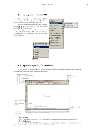 AutoCAD 2002 11
1.5 Carregando o AutoCAD
Para Carregar o AutoCAD 2002,
proceda seguindo a barra de tarefas do Windows,
pressionando no ícone do AutoCAD 2002.
Se a instalação do programa estiver correta,
o programa será carregado, e a tela inicial do
AutoCAD 2002 aparecerá.
Nas máquinas inferiores a Pentium 133 MHz
e a 64 MB de memória RAM, este processo de
carregamento do programa fica seriamente
comprometido.
1.6 Apresentação da Tela Gráfica
A tela gráfica do AutoCAD 2002 oferece diversas opções de botões, barras, menus e caixas. É
basicamente composta pelos seguintes elementos:
Barra de título
Barra de menus
Barra de ferramentas Padrão
Barra de propriedades
Minimizar
Restaurar/Maximizar
Fechar
Barra de ferramenta
Draw
Barra de ferramenta
Modify
Barra de Status
Área de Prompt
Áreagráfica
Área de múltplos Layouts
Ícone UCS
Barras de rolagem
· Área gráfica:
ocupa a maior parte da tela, e é a região onde os elementos gráficos são manipulados;
· Área do Prompt:
é a área onde o AutoCAD emite mensagens de requisição de dados e ocorrência de erros
(prompt), e onde fornecemos os comandos e dados via teclado;
 