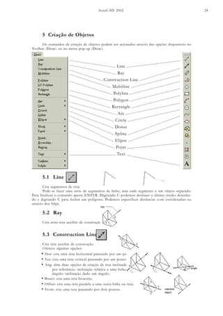 AutoCAD 2002 24
5 Criação de Objetos
Os comandos de criação de objetos podem ser acionados através das opções disponíveis no
Toolbar (Draw) ou no menu pop-up (Draw).
Line
Ray
Construction Line
Multiline
Polyline
Polygon
Rectangle
Arc
Circle
Donut
Spline
Elipse
Point
Text
5.1 Line
Cria segmentos de reta.
Pode-se fazer uma série de segmentos de linha, mas cada segmento é um objeto separado.
Para finalizar o comando aperte ENTER. Digitando U podemos desfazer o último trecho desenha-
do e digitando C para fechar um polígono. Podemos especificar distâncias com coordenadas ou
através dos blips.
5.2 Ray
Cria semi-reta auxiliar de construção.
5.3 Construction Line
Cria reta auxiliar de construção.
Oferece algumas opções:
• Hor: cria uma reta horizontal passando por um ponto;
• Ver: cria uma reta vertical passando por um ponto;
• Ang: abre duas opções de criação de reta inclinada:
por referência: inclinação relativa a uma linha
ângulo: inclinação dado um ângulo;
• Bisect: cria uma reta bissetriz;
• Offset: cria uma reta paralela a uma outra linha ou reta;
• From: cria uma reta passando por dois pontos.
 