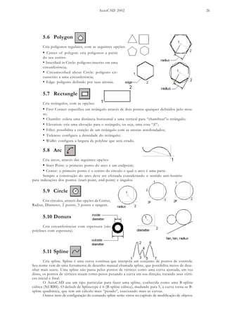 AutoCAD 2002 26
5.6 Polygon
Cria polígonos regulares, com as seguintes opções:
• Center of polygon: cria poligonos a partir
do seu centro:
• Inscribed in Circle: polígono inscrito em uma
circunferência;
• Circumscribed about Circle: polígono cir-
cunscrito a uma circunferência;
• Edge: polígono definido por suas arestas.
5.7 Rectangle
Cria retângulos, com as opções:
• First Corner: especifica um retângulo através de dois pontos quaiquer definidos pelo mou-
se;
• Chamfer: coleta uma distância horizontal e uma vertical para “chamfrear”o retângulo;
• Elevation: cria uma elevação para o retângulo, ou seja, uma cota “Z”;
• Fillet: possibilita a craição de um retângulo com as arestas arredondados;
• Tickness: configura a densidade do retângulo;
• Widht: configura a largura da polyline que será criado.
5.8 Arc
Cria arcos, através das seguintes opções:
• Start Point: o primeiro ponto do arco é um endpoint;
• Center: o primeiro ponto é o centro do círculo o qual o arco é uma parte.
5.9 Circle
Cria círculos, através das opções de Center,
Radius, Diameter, 2 points, 3 points e tangent.
Sempre a construção do arco deve ser efetuada considerando o sentido anti-horário
para indicações dos pontos (start-point, end-point) e ângulos.
5.10 Donuts
Cria circunferências com espessura (são
polylines com espessura).
5.11 Spline
Cria spline. Spline é uma curva contínua que interpola um conjunto de pontos de controle.
Seu nome vem de uma ferramenta de desenho manual chamada spline, que possibilita meios de dese-
nhar mais suave. Uma spline não passa pelos pontos de vértices como uma curva ajustada, em vez
disso, os pontos de vértices atuam como pesos puxando a curva em sua direção, tocando seus vérti-
ces inicial e final.
O AutoCAD usa um tipo particular para fazer uma spline, conhecida como uma B-spline
cúbica (NURBS). O default de Splinetype é 6 (B-spline cúbica), mudando para 5, a curva torna-se B-
spline quadrática, que tem um cálculo mais “pesado”, suavizando mais as curvas.
Outros itens de configuração do comando spline serão vistos no capítulo de modificação de objetos.
 