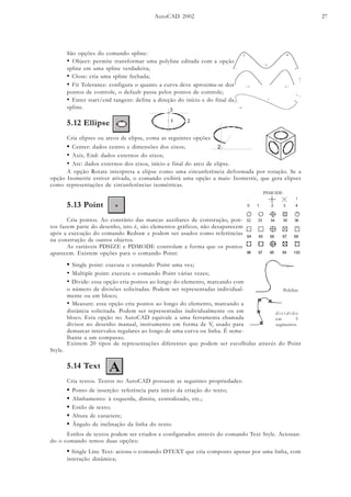 AutoCAD 2002 27
São opções do comando spline:
• Object: permite transformar uma polyline editada com a opção
spline em uma spline verdadeira;
• Close: cria uma spline fechada;
• Fit Tolerance: configura o quanto a curva deve aproxima-se dos
pontos de controle, o default passa pelos pontos de controle;
• Enter start/end tangent: define a direção do início e do final da
spline.
5.12 Ellipse
Cria elipses ou arcos de elipse, coma as seguintes opções:
• Center: dados centro e dimensões dos eixos;
• Axis, End: dados externos do eixos;
• Arc: dados externos dos eixos, início e final do arco de elipse.
A opção Rotate interpreta a elipse como uma circunferência deformada por rotação. Se a
opção Isometric estiver ativada, o comando exibirá uma opção a mais: Isometric, que gera elipses
como representações de circunferências isométricas.
5.13 Point
Cria pontos. Ao contrário das marcas auxiliares de construção, pon-
tos fazem parte do desenho, isto é, são elementos gráficos, não desaparecem
após a execução do comando Redraw e podem ser usados como referências
na construção de outros objetos.
As variáveis PDSIZE e PDMODE controlam a forma que os pontos
aparecem. Existem opções para o comando Point:
PSMODE
• Single point: executa o comando Point uma vez;
• Multiple point: executa o comando Point várias vezes;
• Divide: essa opção cria pontos ao longo do elemento, marcando com
o número de divisões solicitadas. Podem ser representadas individual-
mente ou em bloco;
• Measure: essa opção cria pontos ao longo do elemento, marcando a
distância solicitada. Podem ser representadas individualmente ou em
bloco. Esta opção no AutoCAD equivale a uma ferramenta chamada
divisor no desenho manual, instrumento em forma de V, usado para
demarcar intervalos regulares ao longo de uma curva ou linha. É seme-
lhante a um compasso.
Existem 20 tipos de representações diferentes que podem ser escolhidas através do Point
Style.
Polyline
d i v i d i d o
em 5
segmentos
5.14 Text
Cria textos. Textos no AutoCAD possuem as seguintes propriedades:
• Ponto de inserção: referência para início da criação do texto;
• Alinhamento: à esquerda, direita, centralizado, etc.;
• Estilo de texto;
• Altura de caractere;
• Ângulo de inclinação da linha do texto.
Estilos de textos podem ser criados e configurados através do comando Text Style. Acionan-
do o comando temos duas opções:
• Single Line Text: aciona o comando DTEXT que cria composto apenas por uma linha, com
interação dinâmica;
 