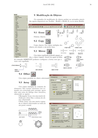 AutoCAD 2002 36
9 Modificação de Objetos
Os comandos de modificação de objetos podem ser acionados através
das opções disponíveis nos Toolbar - Modify e Modify II, ou no menu Modify.
9.1 Erase
Elimina objetos.
9.2 Copy
Copia objetos. Faz cópias múltiplas dos
objetos em relação a um ponto base.
9.3 Mirror
Cria cópias espelhadas podendo apagar, ou
não, o objeto original. Através da opção na linha
de comando MIRRTEXT podemos configurar a forma com que o
texto será espelhado.
9.4 Offset
Cria cópias paralelas ao objeto selecionado.
9.5 Array
Cria cópias múltiplas de conjunto de
elementos. Nas versões anteriores este co-
mando era controlado pelo prompt, agora
abre uma caixa de diálogo mais interativa,
oferecendo as opções:
• Retangular Array: cria uma matriz de-
finida por várias filas e colunas do ob-
jeto selecionado.
• Polar Array: cria uma matriz copian-
do os objetos selecionados ao redor de
um ponto central.
 