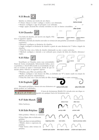 AutoCAD 2002 38
9.13 Break
Quebra ou elimina um trecho de um objeto.
• <Select objects to trim>: indique o trecho a ser eliminado;
• Project: configura o tipo de projeção a ser utilizada;
• Edge: opção (Extend/No extend) considera ou não os limites estendidos.
9.14 Chamfer
Cria linha de chanfro, um recorte em ângulo. Ofe-
rece as seguintes opções;
• Polyline: cria linha de chanfro em todos os vértices de uma polyline (assumindo os parâmetros
correntes);
• Distance: configura as distâncias do chanfro;
• Angle: configura as distâncias de chanfro a partir de uma distância da 1º linha e ângulo de
chanfro;
• Trim/No trim: cria a linha de chanfro eliminando ou não o canto existente;
• Method: configura o método a ser utilizado para criação da linha de chanfro (distance/
angle).
9.15 Fillet
Semelhante ao Chamfer, junta suas extremidades
finais de forma arredondada. Selecionando linhas, arcos
ou polylines, o AutoCAD estende as extremidades até que
elas se cruzem ou apare à interseção, desde de que no
mesmo plano. Oferece as seguintes opções:
• Polyline: para fillet em polylines 2D;
• Radius: configura o raio doarco do fillet, se definido em “0” é muito usado na criação de
paredes em projetos arquitetônicos;
• Trim/No trim: cria o arco de linha de fillet eliminando ou não o canto existente;
9.16 Explode
Decompõe polylines e blocos em seus elementos ori-
ginais, podem ser redefinidos.
9.17 Edit Hatch
Edita hachuras.
A barra de ferramentas Modify II é ativada com um clique es-
querdo em qualquer barra de ferramenta ativa.
9.18 Edit Polyline
Edita polyline. Oferece as variantes:
• Close/Open: abre ou fecha uma
polyline;
• Join: une duas ou mais polylines;
• Width: altera a espessura da
polyline;
• Edti Vertex: edita vértices da
polyline;
 