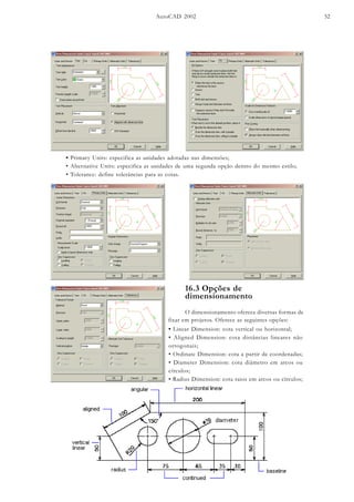 AutoCAD 2002 52
• Primary Units: especifica as unidades adotadas nas dimensões;
• Alternative Units: especifica as unidades de uma segunda opção dentro do mesmo estilo;
• Tolerance: define tolerâncias para as cotas.
16.3 Opções de
dimensionamento
O dimensionamento oferece diversas formas de
fixar em projetos. Oferece as seguintes opções:
• Linear Dimension: cota vertical ou horizontal;
• Aligned Dimension: cota distâncias lineares não
ortogonais;
• Ordinate Dimension: cota a partir de coordenadas;
• Diameter Dimension: cota diâmetro em arcos ou
círculos;
• Radius Dimension: cota raios em arcos ou círculos;
 
