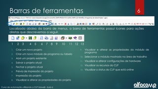 6
Curso de automação utilizando o CLP Haiwell - Aula 6
Barras de ferramentas
Localizada abaixo da barra de menus, a barra de ferramentas possui ícones para ações
diretas que descrevemos a seguir.
1 2 3 4 5 6 7 8 9 10 11 12 13
1. Criar um novo projeto
2. Criar um novo módulo de programa ou tabela
3. Abrir um projeto existente
4. Salvar o projeto atual
5. Fechar o projeto atual
6. Prévia de impressão do projeto
7. Impressão do projeto
8. Visualizar e alterar as propriedades do projeto
9. Visualizar e alterar as propriedades do módulo de
programa
10. Selecionar o módulo mostrado na área de trabalho
11. Visualizar e alterar configurações de hardware
12. Visualizar os recursos do CLP
13. Visualizar o status do CLP que está online
 