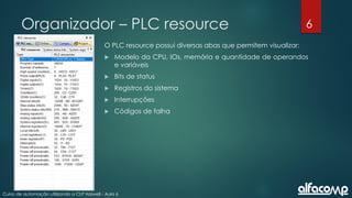 6
Curso de automação utilizando o CLP Haiwell - Aula 6
Organizador – PLC resource
O PLC resource possui diversas abas que permitem visualizar:
 Modelo da CPU, IOs, memória e quantidade de operandos
e variáveis
 Bits de status
 Registros do sistema
 Interrupções
 Códigos de falha
 