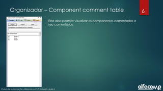 6
Curso de automação utilizando o CLP Haiwell - Aula 6
Organizador – Component comment table
Esta aba permite visualizar os componentes comentados e
seu comentários.
 