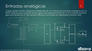 1
Curso de automação utilizando o CLP Haiwell - Aula 1
Entradas analógicas
A figura abaixo mostra o diagrama simplificado de um módulo de 8 entradas analógicas em 4 a
20mA. Note-se que a corrente de 4mA gera uma queda de tensão de 1V e a corrente de 20mA
gera uma tensão de 5V. Esta tensão é filtrada e convertida em digital pelo conversor ADC.
 
