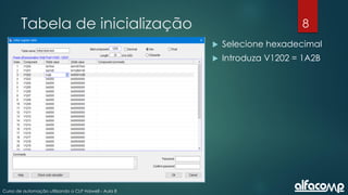 8
Curso de automação utilizando o CLP Haiwell - Aula 8
Tabela de inicialização
 Selecione hexadecimal
 Introduza V1202 = 1A2B
 