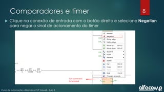 8
Curso de automação utilizando o CLP Haiwell - Aula 8
Comparadores e timer
 Clique na conexão de entrada com o botão direito e selecione Negation
para negar o sinal de acionamento do timer
 