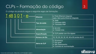 3
Curso de automação utilizando o CLP Haiwell - Aula 3
CLPs – Formação do código
O código do produto segue a seguinte regra de formação:
Ethernet
e: Porta Ethernet integrada
vazio: Sem porta Ethernet integrada
Tipo de saída
R: Relé
T: Transistor NPN
P: Transistor PNP
Alimentação
0: 24 VCC
2: 110/220 VCA
Especificação S: CLP padrão com IOs digitais
Número de IOs 10, 16, 20, 24, 32, 40, 48 e 60 pontos de IO
Série do CLP
C: Econômica
T: Uso geral
H: Alto desempenho
N: Controle de movimentação
T 48 S 0 T - e
 