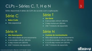 3
Curso de automação utilizando o CLP Haiwell - Aula 3
CLPs – Séries C, T, H e N
Estão disponíveis 4 séries de CLPs de acordo com a aplicação:
Série C
 Baixo Custo
 Não expansível
Série T
 Uso Geral
 2 enconders A/B em 200 kHz
 2 step motors em 200 kHz
 Até 7 módulos de expansão
Série H
 Alto Desempenho
 Alta velocidade de processamento
 4 enconders A/B em 200 kHz
 4 step motors em 200 kHz
 Até 7 módulos de expansão
Série N
 Controle de movimentação
 Alta velocidade de processamento
 4, 6 e 8 enconders A/B em 200 kHz
 4, 6 e 8 step motors em 200 kHz
 Até 7 módulos de expansão
 