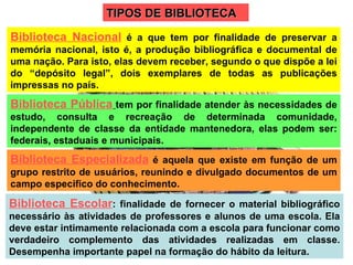 TIPOS DE BIBLIOTECA Biblioteca Escolar : finalidade de fornecer o material bibliográfico necessário às atividades de professores e alunos de uma escola. Ela deve estar intimamente relacionada com a escola para funcionar como verdadeiro complemento das atividades realizadas em classe. Desempenha importante papel na formação do hábito da leitura. Biblioteca Especializada  é aquela que existe em função de um grupo restrito de usuários, reunindo e divulgado documentos de um campo especifico do conhecimento. Biblioteca Pública   tem por finalidade atender às necessidades de estudo, consulta e recreação de determinada comunidade, independente de classe da entidade mantenedora, elas podem ser: federais, estaduais e municipais. Biblioteca Nacional  é a que tem por finalidade de preservar a memória nacional, isto é, a produção bibliográfica e documental de uma nação. Para isto, elas devem receber, segundo o que dispõe a lei do “depósito legal”, dois exemplares de todas as publicações impressas no país. 