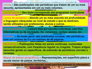 Livros  – São publicações não periódicas que tratam de um ou mais assunto, apresentados em um ou mais volumes;. Mapas de paises geográficos  – Representações, em superfície plana e escala menor de paises, territórios... Periódicos  – Publicações feitas em series continuas, numeradas consecutivamente, com freqüência regular ou irregular. Trazem artigos assuntos gerais ou específicos, de extensão de periódicos (Jornais e revistas), Folhetos  – de modo geral, são publicados avulsas, não periódicas, com um mínimo de 5 e um máximo de 48 páginas. Livros recreativos  – Leitura feita por escolha individual, com fins informativos ou de recreação. Ex. romances, contos, poesia, etc. Livros de pesquisa  – Aborda um ou mais assunto em profundidade e linguagem adequadas ao nível de estudo a que se destinam, sendo utilizados por professores, alunos e outros. Livros textos  – Seu texto corresponde aos programas curriculares Pôster  – Cartaz de tamanho reduzido usado para fins ilustrado ou informativo. 