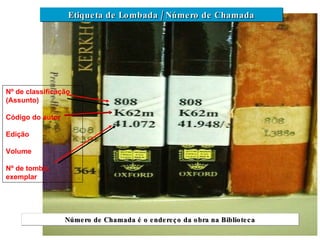 Etiqueta de Lombada / Número de Chamada Nº de classificação (Assunto)  Código do autor Edição Volume Nº de tombo, exemplar Número de Chamada é o endereço da obra na Biblioteca 