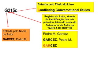 Entrada pelo Nome do Autor GARCEZ,  Pedro M. Registro do Autor, através da identificação das três primeiras letras do nome do Sobrenome do Autor na TABELA DE CUTTER Pedro M. Garcez GARCEZ , Pedro M. GAR CEZ Entrada pelo Titulo do Livro C onflicting Conversational Stules 