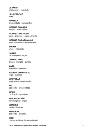 Curso de Baralho Cigano - Luis Alberto Pimentas 45
GERÂNIO
criatividade – vitalidade
HELIOTRÓPICO
amor.
HORTELÃ
prosperidade - bons sonhos
INCENSO DO AMOR
atração - amor – afeto
INCENSO DOS ANJOS
ajuda - proteção – agradecimento
INCENSO DOS ARCANJOS
ajuda - proteção – agradecimento
JASMIM
união – inspiração
KAMAC
para despertar forças.
LÍRIO DO VALE
oração - intuição – pureza
MAÇÃ
vitalidade - boa sorte
MADEIRA DO ORIENTE
força – sucesso
MEDITAÇÃO
inspiração – contemplação
MEL
boa sorte – prosperidade
MIRRA
purificação – proteção
MIRRA QUEFRÉN
para despertar forças.
MISTÉRIO
magia – intuição
MORANGO
boa sorte – oferenda
MUSK
cria um ambiente de sensualidade
 