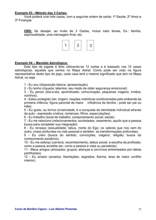 Curso de Baralho Cigano - Luis Alberto Pimentas 52
Exemplo 03 - Método das 3 Cartas:
Você poderá criar três casas, com a seguinte ordem de saída: 1º Saúde, 2º Amor e
3º Finanças
OBS: Se desejar, ao invés de 3 Cartas, inclua mais temas, Ex.: família,
espiritualidade, uma mensagem final, etc.
Exemplo 04 – Mandala Astrológica:
Este tipo de jogada é feito utilizando-se 12 cartas e é baseado nas 12 casas
astrológicas, aquelas que vemos no Mapa Astral. Como pode ser visto na figura
representativa deste tipo de jogo, cada casa terá o mesmo significado que tem no Mapa
Astral, ou seja:
1 - Eu sou (disposição básica; apresentação).
2 - Eu tenho (riqueza; talentos; seu modo de obter segurança emocional).
3 - Eu penso (dia-a-dia; aprendizado; comunicação; pequenas viagens; irmãos;
vizinhos).
4 - Estou protegido (lar; origem; reações instintivas condicionadas pelo ambiente da
primeira infância; figura parental de maior influência da família - pode ser pai ou
mãe).
5 - Eu gosto, eu brinco (criatividade; é a conquista da identidade individual através
da auto - expressão criativa; romances; filhos; especulações).
6 - Eu trabalho (local de trabalho; comportamento social; saúde)
7 - Eu me relaciono (relacionamentos; sociedades; casamento; aquilo que a pessoa
busca para completar sua integração)
8 - Eu renasço (sexualidade; tabus, morte do Ego; os valores que nos vem do
outro; crises profundas na vida pessoal e também as transformações profundas).
9 - Eu creio (busca do sentido; convicções, viagens; religião; busca do
conhecimento esotérico).
10 - Eu me esforço (carreira; reconhecimento; status social; a escolha da profissão;
como a pessoa acredita ser; como a pessoa é vista ou percebida).
11 - Meus amigos (amizades; grupos; alianças e convívios entremeados por idéias
partilhadas).
12 - Eu anseio (anseios; libertações; segredos; Karma; área de maior conflito
interior).
 