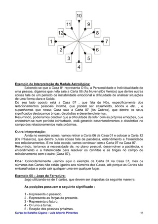Curso de Baralho Cigano - Luis Alberto Pimentas 53
Exemplo de Interpretação da Madala Astrológica:
Sabendo-se que a Casa 01 representa O Eu, a Personalidade e Individualidade de
uma pessoa, digamos que nela saia a Carta 06 (As Nuvens/Os Ventos) que dentre outras
coisas fala de um período de instabilidade emocional e dificuldade de analisar situações
de uma forma clara e lúcida.
Do seu lado oposto está a Casa 07 , que fala do Nós, especificamente dos
relacionamentos pessoais íntimos, que podem ser casamento, sócios e etc. , e
suponhamos que nessa Casa saia a Carta 07 (As Cobras), que dentre os seus
significados destacamos brigas, discórdias e desentendimentos.
Resumindo, poderíamos concluir que a dificuldade de lidar com as próprias emoções, que
encontram-se num período conturbado, está gerando desentendimentos e discórdias no
campo dos relacionamentos mais próximos.
Outra interpretação:
Ainda no exemplo acima, vamos retirar a Carta 06 da Casa 01 e colocar a Carta 12
(Os Pássaros), que dentre outras coisas fala de paciência, entendimento e fraternidade
nos relacionamentos. E no lado oposto, vamos continuar com a Carta 07 na Casa 07.
Resumindo, teríamos a necessidade de, no plano pessoal, desenvolver a paciência, o
entendimento e a fraternidade para resolver os conflitos e as brigas no campo do
relacionamento com o outro (Casa 07).
Obs.: Coincidentemente usamos aqui o exemplo da Carta 07 na Casa 07, mas os
números das Cartas não estão ligados aos números das Casas, até porque as Cartas são
embaralhadas e pode cair qualquer uma em qualquer lugar.
Exemplo 05 – Jogo da Ferradura:
Jogo utilizando-se de 7 cartas, que devem ser dispostas da seguinte maneira:
As posições possuem o seguinte significado :
1 - Representa o passado.
2 - Representa as forças do presente.
3 - Representa o futuro.
4 - O rumo a tomar.
5 - Reação das pessoas próximas.
 