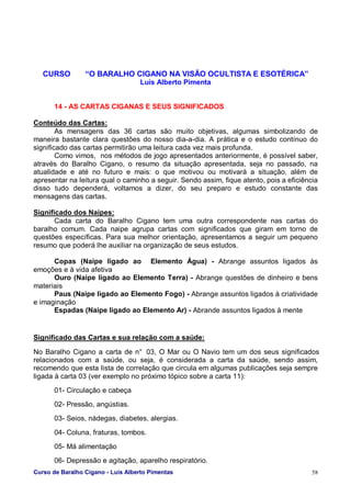 Curso de Baralho Cigano - Luis Alberto Pimentas 58
CURSO “O BARALHO CIGANO NA VISÃO OCULTISTA E ESOTÉRICA”
Luis Alberto Pimenta
14 - AS CARTAS CIGANAS E SEUS SIGNIFICADOS
Conteúdo das Cartas:
As mensagens das 36 cartas são muito objetivas, algumas simbolizando de
maneira bastante clara questões do nosso dia-a-dia. A prática e o estudo contínuo do
significado das cartas permitirão uma leitura cada vez mais profunda.
Como vimos, nos métodos de jogo apresentados anteriormente, é possível saber,
através do Baralho Cigano, o resumo da situação apresentada, seja no passado, na
atualidade e até no futuro e mais: o que motivou ou motivará a situação, além de
apresentar na leitura qual o caminho a seguir. Sendo assim, fique atento, pois a eficiência
disso tudo dependerá, voltamos a dizer, do seu preparo e estudo constante das
mensagens das cartas.
Significado dos Naipes:
Cada carta do Baralho Cigano tem uma outra correspondente nas cartas do
baralho comum. Cada naipe agrupa cartas com significados que giram em torno de
questões específicas. Para sua melhor orientação, apresentamos a seguir um pequeno
resumo que poderá lhe auxiliar na organização de seus estudos.
Copas (Naipe ligado ao Elemento Água) - Abrange assuntos ligados às
emoções e à vida afetiva
Ouro (Naipe ligado ao Elemento Terra) - Abrange questões de dinheiro e bens
materiais
Paus (Naipe ligado ao Elemento Fogo) - Abrange assuntos ligados à criatividade
e imaginação
Espadas (Naipe ligado ao Elemento Ar) - Abrande assuntos ligados à mente
Significado das Cartas e sua relação com a saúde:
No Baralho Cigano a carta de n° 03, O Mar ou O Navio tem um dos seus significados
relacionados com a saúde, ou seja, é considerada a carta da saúde, sendo assim,
recomendo que esta lista de correlação que circula em algumas publicações seja sempre
ligada à carta 03 (ver exemplo no próximo tópico sobre a carta 11):
01- Circulação e cabeça
02- Pressão, angústias.
03- Seios, nádegas, diabetes, alergias.
04- Coluna, fraturas, tombos.
05- Má alimentação
06- Depressão e agitação, aparelho respiratório.
 
