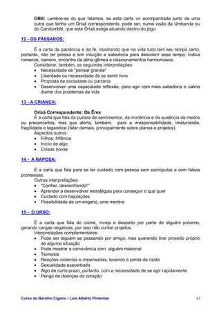 Curso de Baralho Cigano - Luis Alberto Pimentas 63
OBS: Lembre-se do que falamos, se esta carta vir acompanhada junto de uma
outra que tenha um Orixá correspondente, pode ser, numa visão da Umbanda ou
do Candomblé, que este Orixá esteja atuando dentro do jogo.
12 - OS PÁSSAROS:
É a carta da paciência e da fé, mostrando que na vida tudo tem seu tempo certo,
portanto, não ter pressa e sim intuição e sabedoria para descobrir esse tempo. Indica
romance, namoro, encontro da alma-gêmea e relacionamentos harmoniosos.
Considerar, também, as seguintes interpretações:
• Necessidade de "pensar grande"
• Liberdade ou necessidade de se sentir livre
• Proposta de sociedade ou parceria
• Desenvolver uma capacidade reflexão, para agir com mais sabedoria e calma
diante dos problemas da vida
13 - A CRIANÇA:
Orixá Correspondente: Os Êres
É a carta que fala da pureza de sentimentos, da inocência e da ausência de medos
ou preconceitos, mas que alerta, também, para a irresponsabilidade, imaturidade,
fragilidade e tagarelice (falar demais, principalmente sobre planos e projetos).
Aspectos outros:
• Filhos; Infância
• Início de algo
• Coisas novas
14 - A RAPOSA:
É a carta que fala para se ter cuidado com pessoa sem escrúpulos e com falsas
promessas.
Outras interpretações:
• "Confiar, desconfiando!"
• Aprender a desenvolver estratégias para conseguir o que quer
• Cuidado com bajulações
• Possibilidade de um engano, uma mentira
15 - O URSO:
É a carta que fala do ciúme, inveja e despeito por parte de alguém próximo,
gerando cargas negativas, por isso não contar projetos.
Interpretações complementares:
• Pode ser alguém se passando por amigo, mas querendo tirar proveito próprio
de alguma situação
• Pode mostrar a convivência com alguém maternal
• Teimosia
• Reações violentas e impensadas, levando à perda da razão
• Sexualidade exacerbada
• Algo de curto prazo, portanto, com a necessidade de se agir rapidamente
• Perigo de doenças do coração
 