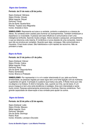Curso de Baralho Cigano - Luis Alberto Pimentas 70
Signo das Candeias
Período: de 21 de maio a 20 de junho.
Signo Zodiacal: Gêmeos
Signo Chinês: CAvalo
Metal regente: Níquel
Perfume: Floral
Dia da Sorte: Quarta-feira
Pedras: Topázio e/ou Magnetita
Cores: Amarelo e Ocre
SIMBOLISMO- Representa as luzes e a verdade, portanto a sabedoria e a clareza de
idéias. As candeias eram usadas para iluminar os acampamentos. Também simbolizam a
esperteza e a vivacidade. A pessoa sob esta influência é comunicativa e tem uma
inteligência brilhante, fazendo muitos amigos. Adora estudar e pesquisar, principalmente,
o que se relaciona a ela mesma. É romântica e nunca desiste de uma conquista, mesmo
que não se envolva por completo. Quando quer algo, consegue. São comunicativas e
inquietos. Criam boas coisas. São habilidosos e com rapidez de raciocínio. Não se
prendem a nada.
Signo da Roda
Período: de 21 de junho a 21 de julho.
Signo Zodiacal: Câncer
Signo Chinês: Cabra
Metal regente: Prata
Perfume: Rosa
Dia da Sorte: Segunda-feira
Pedra: Esmeralda
Cores: Branco e Prateado
SIMBOLISMO- Por representar o ir e vir e estar relacionada à Lua, pela sua forma
arredondada, as pessoas regidas por esse signo tem urna forte ligação com as mulheres
e gestantes em geral. A emoção é a palavra que traduz seu jeito. A Roda move sua vida
na alegria e na tristeza. É dócil e tranqüila, mas, quando se irrita, sai de baixo. É um
pouco insegura e tem uma certa tendência à nostalgia. Ama com intensidade e sente
muito ciúme. Pessoas extremamente emocionais e intuitivas. Eternos românticos. Tem
grande capacidade de observação e boa vontade para ajudar os outros.
Signo da Estrela
Período: de 22 de julho a 22 de agosto.
Signo Zodiacal: Leão
Signo Chinês: Macaco
Metal regente: Ouro
Perfume: Sândalo
Dia da Sorte: Domingo
Pedra: Rubi
Cores: Amarelo, Laranja e Dourado
 