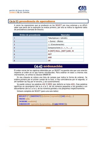 gestión de bases de datos
(unidad 4) SQL (II). Consultas
(120)
(4.3.7) precedencia de operadores
A veces las expresiones que se producen en los SELECT son muy extensas y es difícil
saber que parte de la expresión se evalúa primero, por ello se indica la siguiente tabla
de precedencia (tomada de Oracle):
Orden de precedencia Operador
1 *(Multiplicar) / (dividir)
2 + (Suma) - (Resta)
3 || (Concatenación)
4 Comparaciones (>, <, !=, ...)
5 IS [NOT] NULL, [NOT ]LIKE, IN
6 NOT
7 AND
8 OR
(4.4) ordenación
El orden inicial de los registros obtenidos por un SELECT no guarda más que una relación
respecto al orden en el que fueron introducidos. Para ordenar en base a criterios más
interesantes, se utiliza la cláusula ORDER BY.
En esa cláusula se coloca una lista de campos que indica la forma de ordenar. Se
ordena primero por el primer campo de la lista, si hay coincidencias por el segundo, si
ahí también las hay por el tercero, y así sucesivamente.
Se puede colocar las palabras ASC O DESC (por defecto se toma ASC). Esas palabras
significan en ascendente (de la A a la Z, de los números pequeños a los grandes) o en
descendente (de la Z a la a, de los números grandes a los pequeños) respectivamente.
Sintaxis completa de SELECT (para una sola tabla):
SELECT {* | [DISTINCT] {columna | expresión} [[AS] alias], ... }
FROM tabla
[WHERE condición]
[ORDER BY expresión1 [,expresión2,…][{ASC|DESC}]];
 
