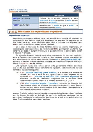gestión de bases de datos
(unidad 4) SQL (II). Consultas
(126)
Función Descripción
NVL2(valor,sustituto1,
sustituto2)
Variante de la anterior, devuelve el valor
sustituto1 si valor no es nulo. Si valor es nulo
devuelve el sustituto2
NULLIF(valor1,valor2) Devuelve nulo si valor1 es igual a valor2. De
otro modo devuelve valor1
(4.5.5) funciones de expresiones regulares
expresiones regulares
Las expresiones regulares son una parte cada vez más importante de los lenguajes de
programación. Han existido desde que aparecieron los lenguajes de programación de
alto nivel y cada vez tienen más importancia, hasta el punto de que lenguajes como
Perl no tendrían cabida sin las expresiones regulares.
En el caso de las bases de datos, también tienen una enorme importancia, en
especial para crear restricciones de validación (CHECK) que imponen una forma muy
concreta que debe de cumplir el texto., Es lo que comúnmente se conoce como patrón
o máscara de entrada.
Por ejemplo si nuestra base de datos almacena números de identidad españoles,
éstos se forman por ocho números y una letra. Si no queremos permitir otra posibilidad
(por ejemplo aceptar que se pueda introducir como dni al texto abcdefgrjdddkjdkj),
entonces lo ideal es indicarlo mediante un check con una expresión regular, utilizando
la función REGEXP_LIKE por ejemplo.
Una expresión regular está formada por un texto que contiene símbolos especiales
que son los que permiten indicar claramente la expresión. Tradicionalmente hay dos
normas de expresiones regulares:
POSIX. Portable Operating System Interface, es el formato que procede del
sistema Unix (ahí la equis en sus siglas) y que ha sido aceptado por el
organismo IEEE ( Institute of Electrical and Electronics Engineers) de
estándares. Oracle es totalmente compatible con el estándar POSIX
correspondiente y exactamente al el borrador estándar 1003.2/D11.2.
PCRE (Perl Compatible Regular Expressions). Proceden del lenguaje Perl
(precisamente famoso por su uso de las expresiones regulares) y es un formato
en claro ascenso. Oracle admite muchas de las expresiones correspondiente a
esta especificación (las más populares)
Además Oracle ha incluido la especificación que compatibiliza las expresiones regulares
con las lenguas incluidas en Unicode, lo que evita problemas habituales con las
expresiones regulares en otros lenguajes. A continuación se indican las posibilidades que
tiene Oracle para indicar expresiones regulares.
 