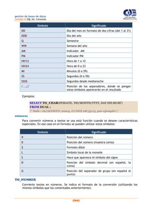 gestión de bases de datos
(unidad 4) SQL (II). Consultas
(134)
Símbolo Significado
DD Día del mes en formato de dos cifras (del 1 al 31)
DDD Día del año
Q Semestre
WW Semana del año
AM Indicador AM
PM Indicador PM
HH12 Hora de 1 a 12
HH24 Hora de 0 a 23
MI Minutos (0 a 59)
SS Segundos (0 a 59)
SSSS Segundos desde medianoche
/ . ,:;’ Posición de los separadores, donde se pongan
estos símbolos aparecerán en el resultado
Ejemplos:
SELECT TO_CHAR(SYSDATE, 'DD/MONTH/YYYY, DAY HH:MI:SS')
FROM DUAL ;
/* Sale : 16/AGOSTO /2004, LUNES 08:35:15, por ejemplo*/
números
Para convertir números a textos se usa está función cuando se desean características
especiales. En ese caso en el formato se pueden utilizar estos símbolos:
Símbolo Significado
9 Posición del número
0 Posición del número (muestra ceros)
$ Formato dólar
L Símbolo local de la moneda
S Hace que aparezca el símbolo del signo
D Posición del símbolo decimal (en español, la
coma)
G Posición del separador de grupo (en español el
punto)
TO_NUMBER
Convierte textos en números. Se indica el formato de la conversión (utilizando los
mismos símbolos que los comentados anteriormente).
 