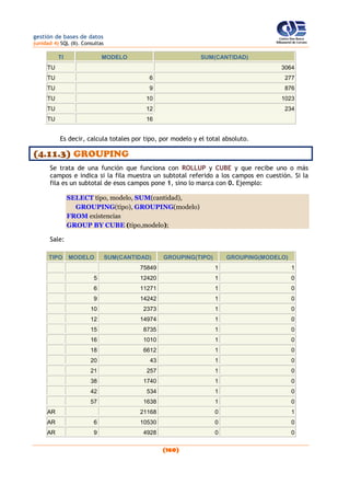 gestión de bases de datos
(unidad 4) SQL (II). Consultas
(160)
TI MODELO SUM(CANTIDAD)
TU 3064
TU 6 277
TU 9 876
TU 10 1023
TU 12 234
TU 16
Es decir, calcula totales por tipo, por modelo y el total absoluto.
(4.11.3) GROUPING
Se trata de una función que funciona con ROLLUP y CUBE y que recibe uno o más
campos e indica si la fila muestra un subtotal referido a los campos en cuestión. Si la
fila es un subtotal de esos campos pone 1, sino lo marca con 0. Ejemplo:
SELECT tipo, modelo, SUM(cantidad),
GROUPING(tipo), GROUPING(modelo)
FROM existencias
GROUP BY CUBE (tipo,modelo);
Sale:
TIPO MODELO SUM(CANTIDAD) GROUPING(TIPO) GROUPING(MODELO)
75849 1 1
5 12420 1 0
6 11271 1 0
9 14242 1 0
10 2373 1 0
12 14974 1 0
15 8735 1 0
16 1010 1 0
18 6612 1 0
20 43 1 0
21 257 1 0
38 1740 1 0
42 534 1 0
57 1638 1 0
AR 21168 0 1
AR 6 10530 0 0
AR 9 4928 0 0
 