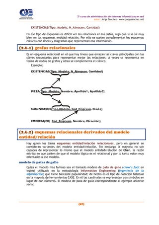 2o
curso de administración de sistemas informáticos en red
autor: Jorge Sánchez – www.jorgesanchez.net
(67)
EXISTENCIAS(Tipo, Modelo, N_Almacen, Cantidad)
En ese tipo de esquemas es difícil ver las relaciones en los datos, algo que sí se ve muy
bien en los esquemas entidad relación. Por ello se suelen complementar los esquemas
clásicos con líneas y diagramas que representan esa información.
(2.6.1) grafos relacionales
Es un esquema relacional en el que hay líneas que enlazan las claves principales con las
claves secundarias para representar mejor las relaciones. A veces se representa en
forma de nodos de grafos y otras se complementa el clásico.
Ejemplo:
(2.6.2) esquemas relacionales derivados del modelo
entidad/relación
Hay quien los llama esquemas entidad/relación relacionales, pero en general se
consideran variantes del modelo entidad/relación. Sin embargo la mayoría no son
capaces de representar lo mismo que el modelo entidad/relación de Chen, la razón
estriba en que parten de que el modelo lógico es el relacional y por lo tanto están muy
orientados a ese modelo.
modelo de patas de gallo
Quizá el modelo más famoso sea el llamado modelo de pata de gallo (crow’s foot en
inglés) utilizado en la metodología Information Engineering (Ingeniería de la
Información) que tiene bastante popularidad; de hecho es el tipo de notación habitual
en la mayoría de herramientas CASE. En él las cardinales se representan con símbolos en
lugar de con números. El modelo de pata de gallo correspondiente al ejemplo anterior
sería:
 