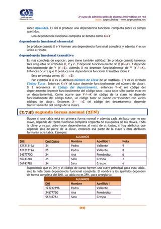 2o
curso de administración de sistemas informáticos en red
autor: Jorge Sánchez – www.jorgesanchez.net
(73)
sobre apellidos. El dni sí produce una dependencia funcional completa sobre el campo
apellidos.
Una dependencia funcional completa se denota como XY
dependencia funcional elemental
Se produce cuando X e Y forman una dependencia funcional completa y además Y es un
único atributo.
dependencia funcional transitiva
Es más compleja de explicar, pero tiene también utilidad. Se produce cuando tenemos
tres conjuntos de atributos X, Y y Z. Y depende funcionalmente de X (XY), Z depende
funcionalmente de Y (YZ). Además X no depende funcionalmente de Y (Y-/X).
Entonces ocurre que X produce una dependencia funcional transitiva sobre Z.
Esto se denota como: (X Z)
Por ejemplo si X es el atributo Número de Clase de un instituto, e Y es el atributo
Código Tutor. Entonces XY (el tutor depende funcionalmente del número de clase).
Si Z representa el Código del departamento, entonces YZ (el código del
departamento depende funcionalmente del código tutor, cada tutor sólo puede estar en
un departamento). Como ocurre que Y-/X (el código de la clase no depende
funcionalmente del código tutor, un código tutor se puede corresponder con varios
códigos de clase). Entonces X Z (el código del departamento depende
transitivamente del código de la clase).
(2.7.5) segunda forma normal (2FN)
Ocurre si una tabla está en primera forma normal y además cada atributo que no sea
clave, depende de forma funcional completa respecto de cualquiera de las claves. Toda
la clave principal debe hacer dependientes al resto de atributos, si hay atributos que
depende sólo de parte de la clave, entonces esa parte de la clave y esos atributos
formarán otra tabla. Ejemplo:
ALUMNOS
DNI Cod Curso Nombre Apellido1 Nota
12121219A 34 Pedro Valiente 9
12121219A 25 Pedro Valiente 8
3457775G 34 Ana Fernández 6
5674378J 25 Sara Crespo 7
5674378J 34 Sara Crespo 6
Suponiendo que el DNI y el código de curso formen una clave principal para esta tabla,
sólo la nota tiene dependencia funcional completa. El nombre y los apellidos dependen
de forma completa del DNI. La tabla no es 2FN, para arreglarlo:
ALUMNOS
DNI Nombre Apellido1
12121219A Pedro Valiente
3457775G Ana Fernández
5674378J Sara Crespo
 