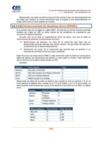 2o
curso de administración de sistemas informáticos en red
autor: Jorge Sánchez – www.jorgesanchez.net
(79)
Resumiendo, una tabla no está en quinta forma normal si hay una descomposición de
esa tabla que muestre la misma información que la original y esa descomposición no
tenga como clave la clave original de la tabla.
(2.7.10) forma normal de dominio clave (FNDC)
Se la conoce más con sus siglas en inglés DKNF. Se trata de una forma normal enunciada
también por Fagin en 1981 al darse cuenta de los problemas de redundancia que
ocurrían con algunos dominios.
En este caso no se basó en dependencias entre los datos, sino que se basó en
restricciones de dominio y restricciones de clave.
Restricciones de dominio. Se trata de la restricción que hace que un
determinado atributo obtenga sólo ciertos valores, los que estén de acuerdo a
la definición de un determinado dominio.
Restricción de clave. Es la restricción que permite que un atributo o un
conjunto de atributos forme una clave candidata.
Fagin dice que una tabla está en FNDC si toda restricción sobre la tabla es consecuencia
lógica de aplicar las restricciones de dominio y clave sobre la misma. Fagin demostró
que si esto ocurría la tabla incluso estaba en 5FN.
Ejemplo:
Alumno Nivel logrado Nota
Antonio Muy alto y eficiente 9
Marisa Muy alto aunque sin trabajo constante 9
Mario Alto con trabajo habitual 7
Luisa Medio aunque con trabajo 5
Observando los datos de la tabla se observa que cuando la nota es superior a 9, en el
nivel aparece la palabra alto, cuando es un 7 o un 8 medio, y un 5 o 6 sería medio. Es
decir tenemos restricciones que no son ni de dominio ni de clave en esa tabla. Lo lógico
sería:
Alumno Nivel de trabajo Nota
Antonio Eficiente 9
Marisa Trabajo
constante
9
Mario Trabajo habitual 7
Luisa Trabajo medio 5
Nivel académico Nota mínima Nota máxima
Muy alto 9 10
Alto 7 8,99
Medio 5 6,99
Bajo 0 4,99
 