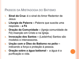 PASSOS DA MISTAGOGIA DO BATISMO
1. Sinal da Cruz- é o sinal do Amor Redentor de
Jesus
2. Liturgia da Palavra – Palavra que suscita uma
resposta – a Fé
3. Oração da Comunidade – (Igreja comunidade de
Fé) inserção em Cristo e na Igreja.
4. Invocação dos Santos – (Ladainha) Santos são
modelos e intercessores.
5. Unção com o Óleo do Batismo no peito –
indicando a força e proteção à pessoa.
6. Oração sobre a água batismal - a água é a
purificação e vida.
 