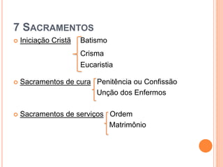 7 SACRAMENTOS
 Iniciação Cristã Batismo
Crisma
Eucaristia
 Sacramentos de cura Penitência ou Confissão
Unção dos Enfermos
 Sacramentos de serviços Ordem
Matrimônio
 