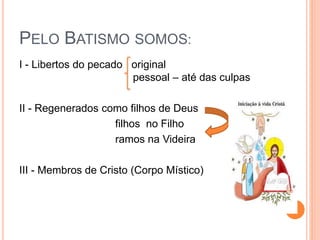 PELO BATISMO SOMOS:
I - Libertos do pecado original
pessoal – até das culpas
II - Regenerados como filhos de Deus
filhos no Filho
ramos na Videira
III - Membros de Cristo (Corpo Místico)
 